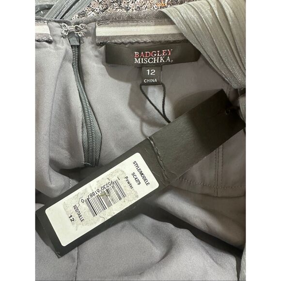 Badgley Mischka One-Shoulder Embellished Cocktail Dress in Pewter US 12 $595 - Picture 12 of 12